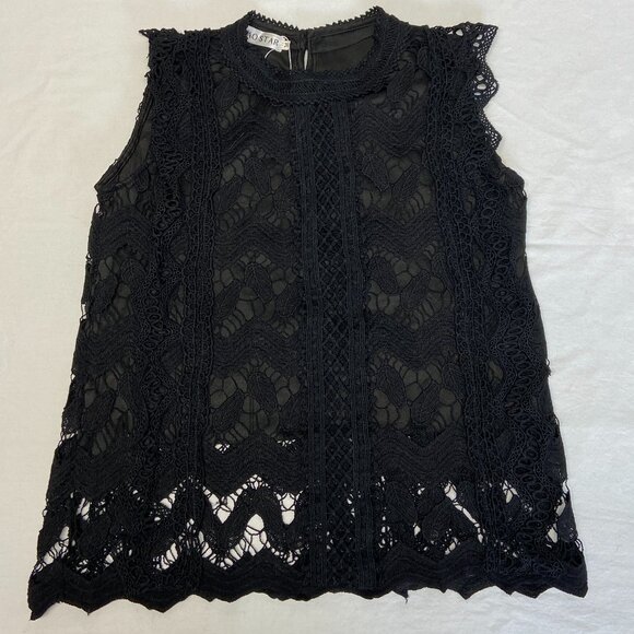 Yaostar Black Crochet Lace Sleeveless Ruffle Tank Top Tunic Lined Boho Chic M - Picture 7 of 15
